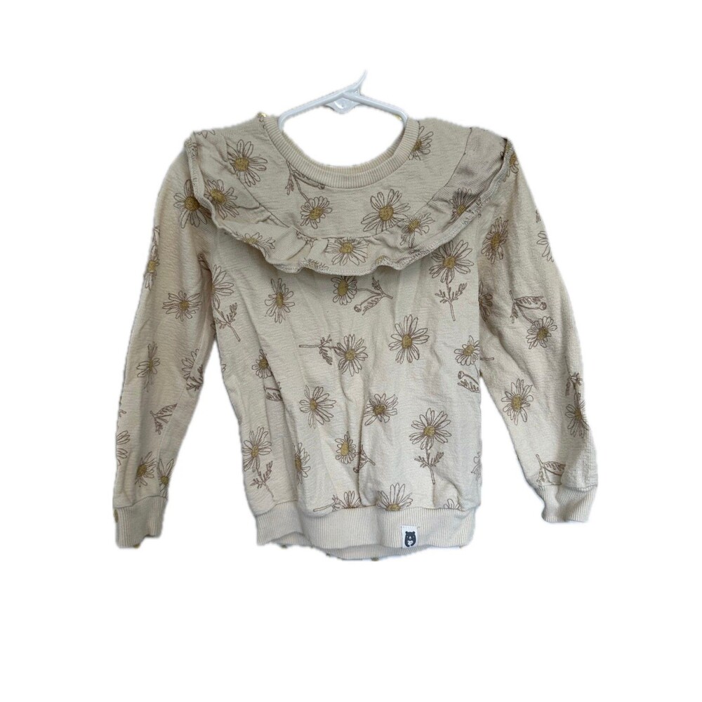 Rabbit Bear Toddler Girl 100% Organic Cotton Crew Ruffle Daisies Sweatshirt 3T